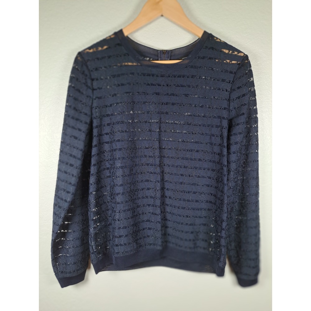 Ann Taylor Navy Blue Striped Lace Long Sleeve Top Crew Neck Back Zip Size M